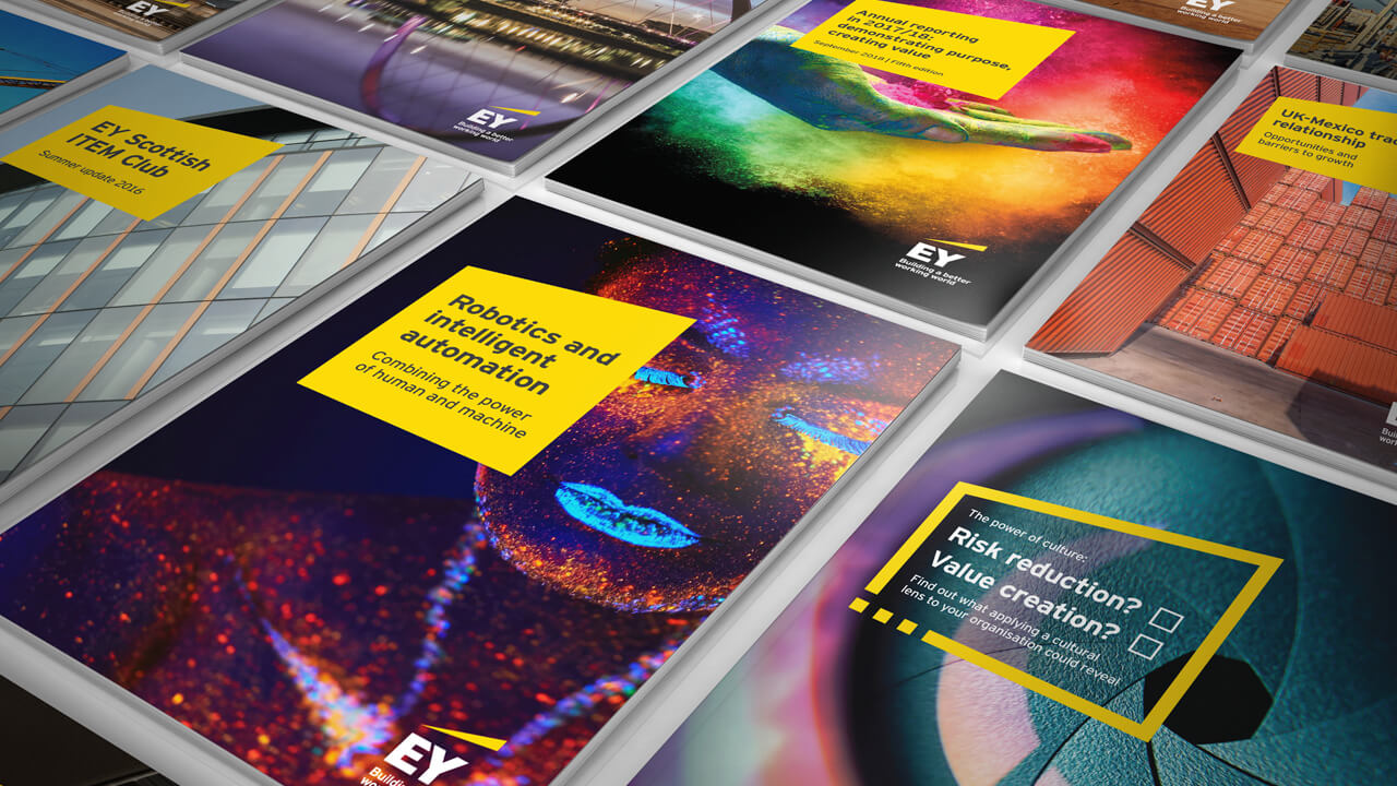 EY report covers showing colourful graphic design