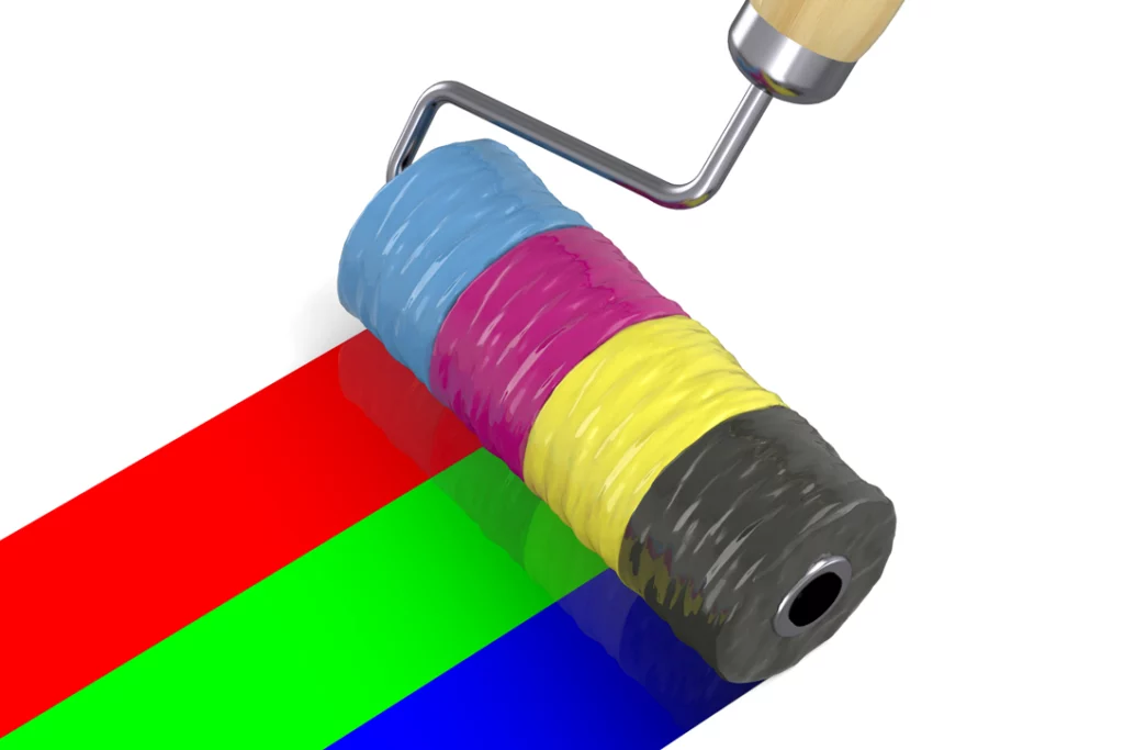 Paint roller representing web design and graphic design through CMYK and RGB colour models