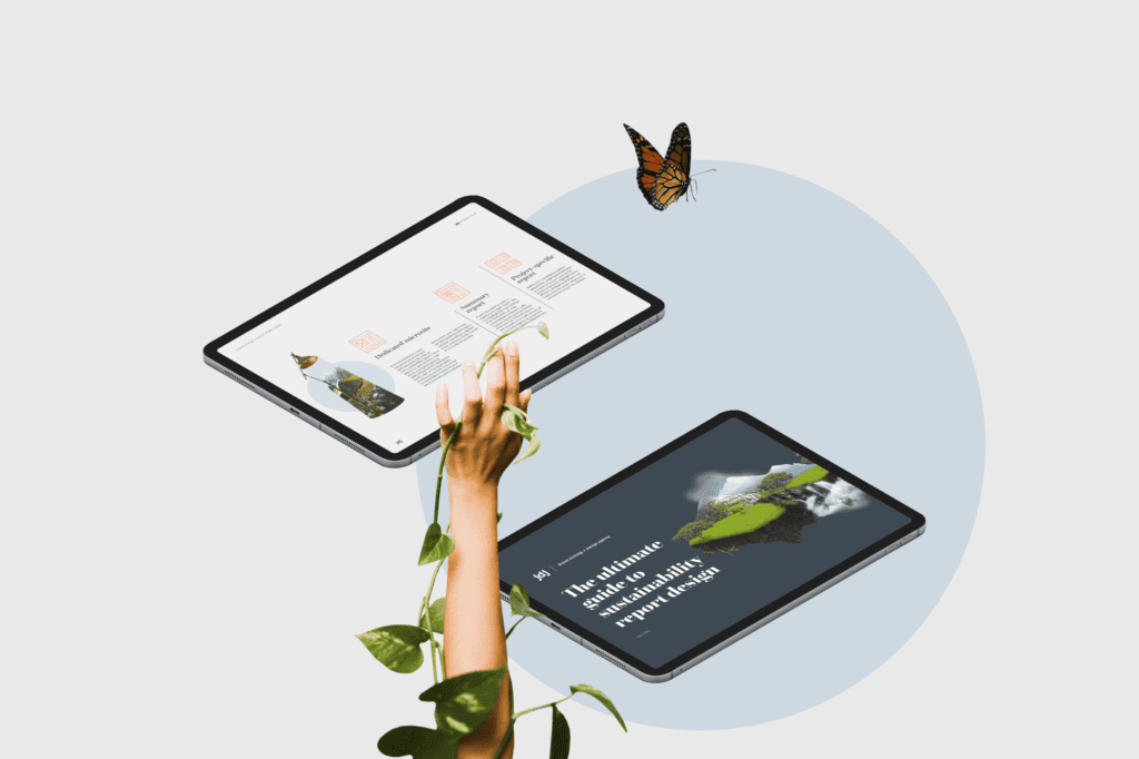 JDJ Creative 'How to design a sustainability report' guide digital mockup on ipad devices